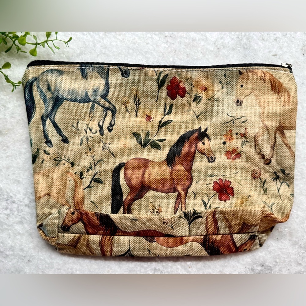 New Horses & Flowers Makeup Cosmetic Tech Pencil Zippered Bag w/ Bow Charm - 10” - Picture 7 of 8